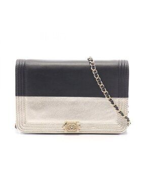 Chanel Shoulder Bag Boy Champagne Gold Black Lambskin Boy Chain Wallet